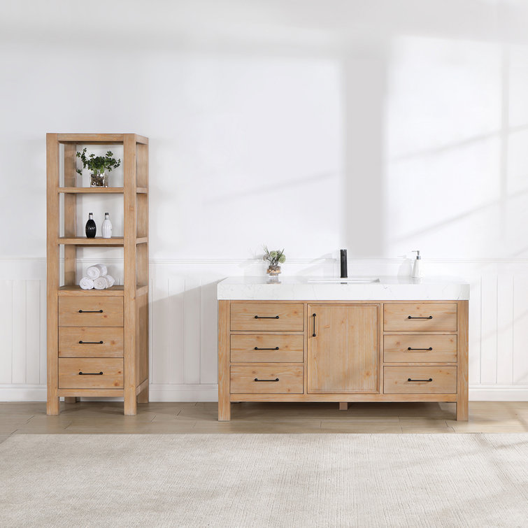 Leon 60" Fir Wood Brown Bathroom Vanity with White Composite Top