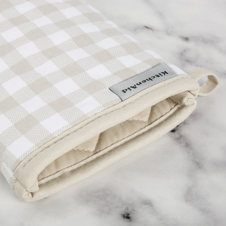 Beige and White Gingham Cotton Oven Mitt Set, 7" x 13"