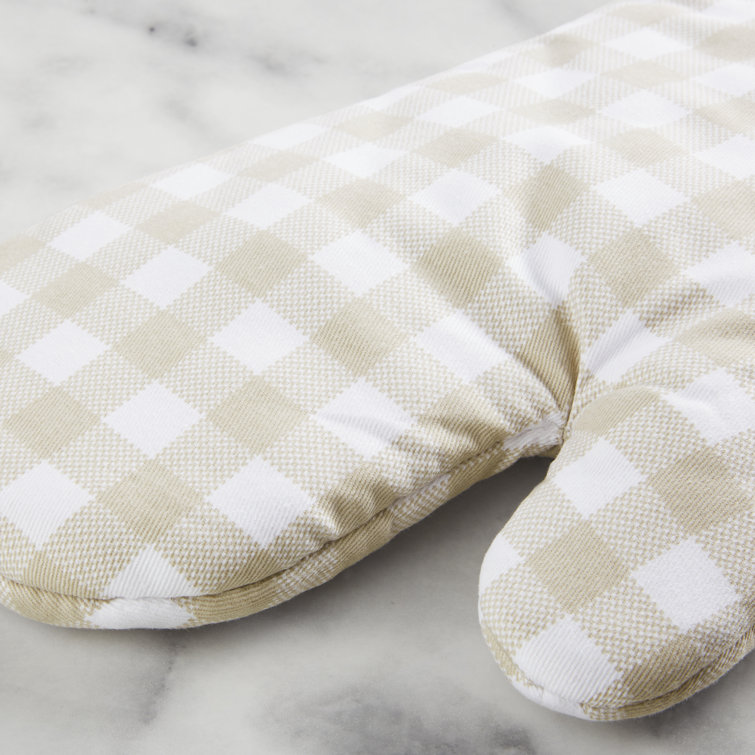 Beige and White Gingham Cotton Oven Mitt Set, 7" x 13"