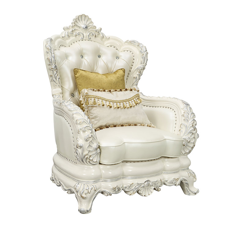 Adara Antique White Faux Leather Floral Accent Chair