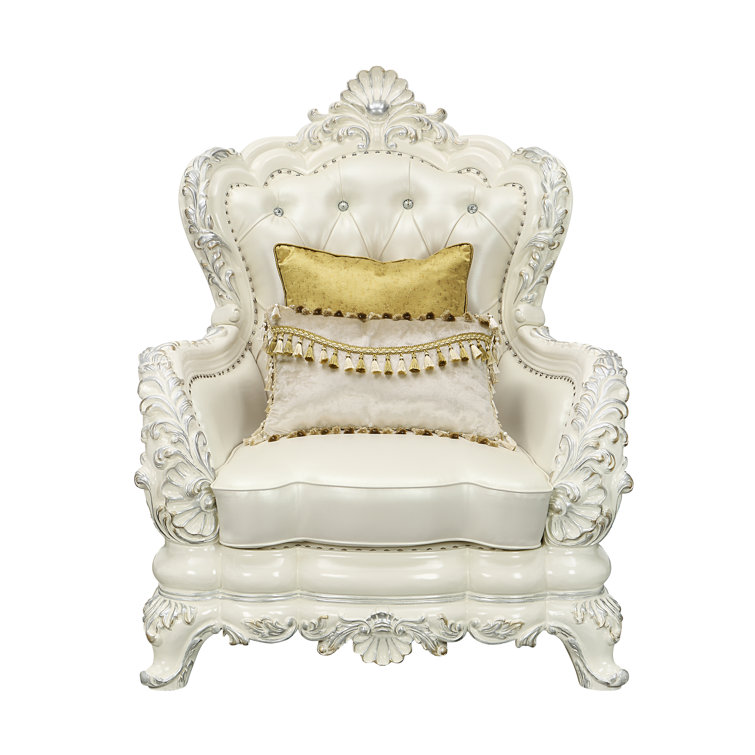 Adara Antique White Faux Leather Floral Accent Chair