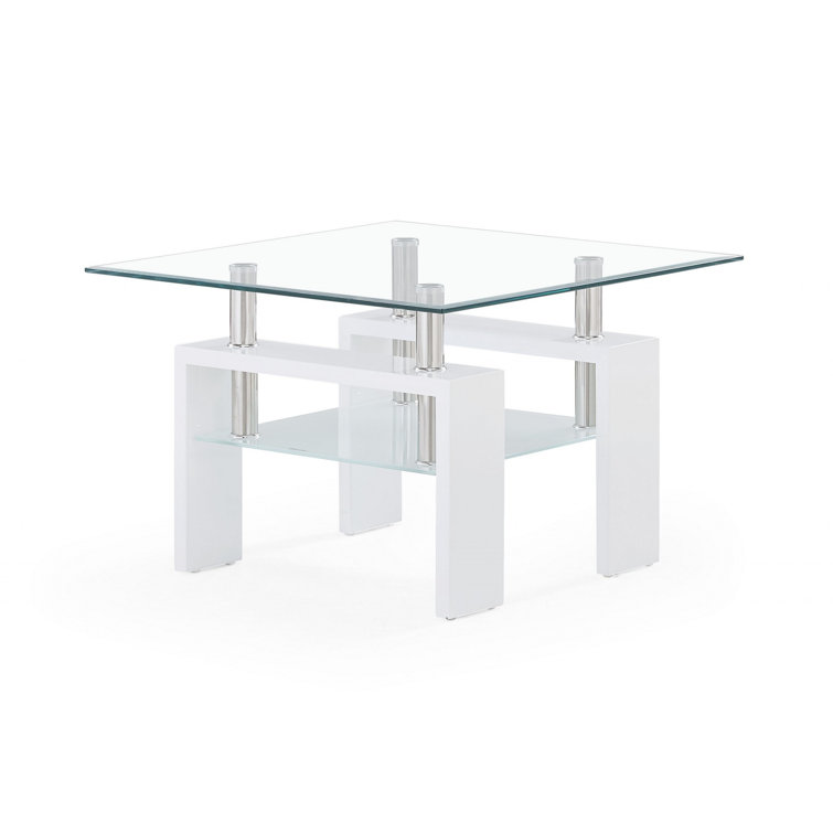 Modern White Glossy and Clear Glass 26" Square End Table