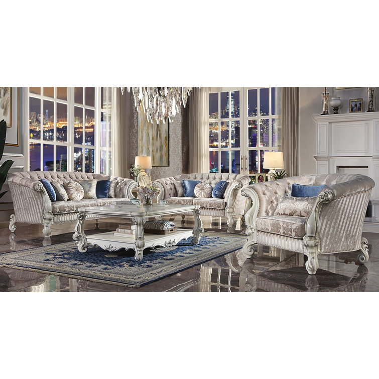 99" Ivory Velvet Tufted Sofa with Rolled Arms and Nailhead Trim