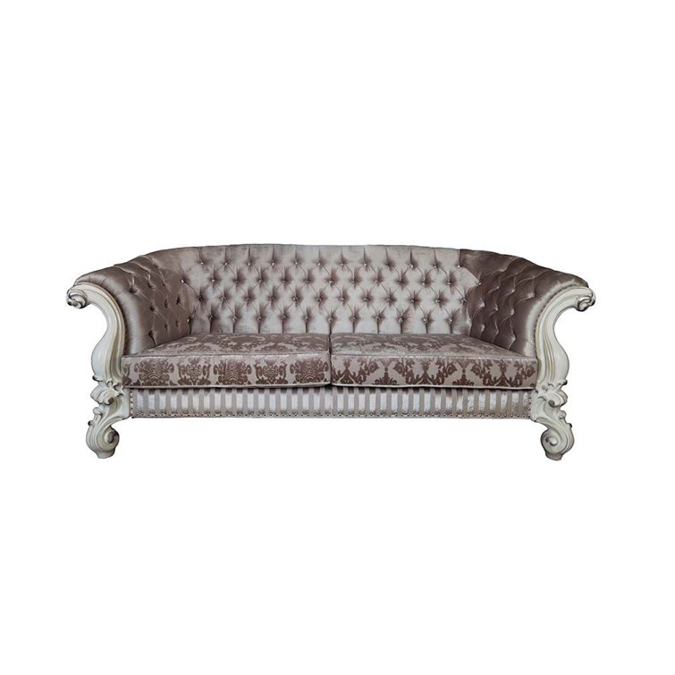 99" Ivory Velvet Tufted Sofa with Rolled Arms and Nailhead Trim
