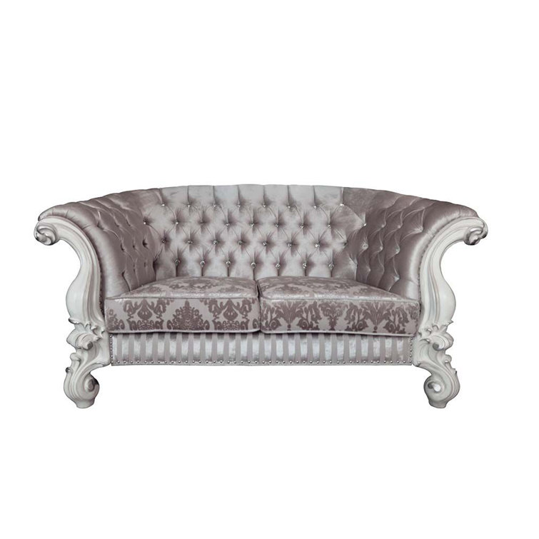 Versailles 76" Ivory Tufted Leather Sofa with Nailhead Trim
