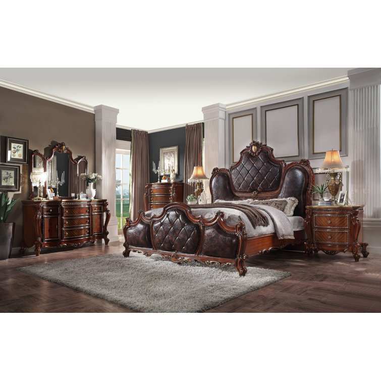 Cherry Oak Queen Bed with Tufted Upholstered Headboard