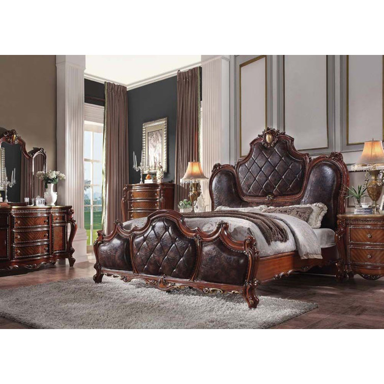 Cherry Oak Queen Bed with Tufted Upholstered Headboard