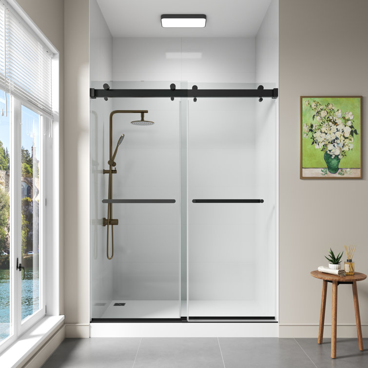 Oceanus 59" Matte Black Frameless Sliding Shower Door with Clear Glass