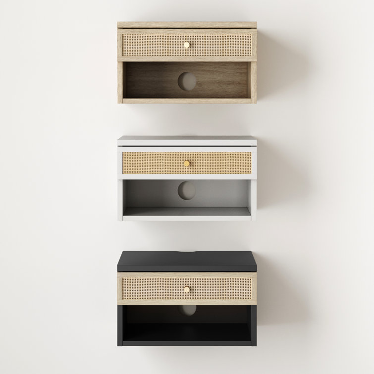 Light Oak and Rattan Floating Nightstand with Brass Knob