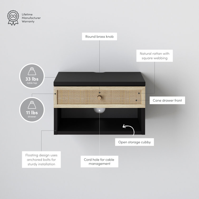 Black and Rattan Floating Nightstand with Storage Drawer and Cubby