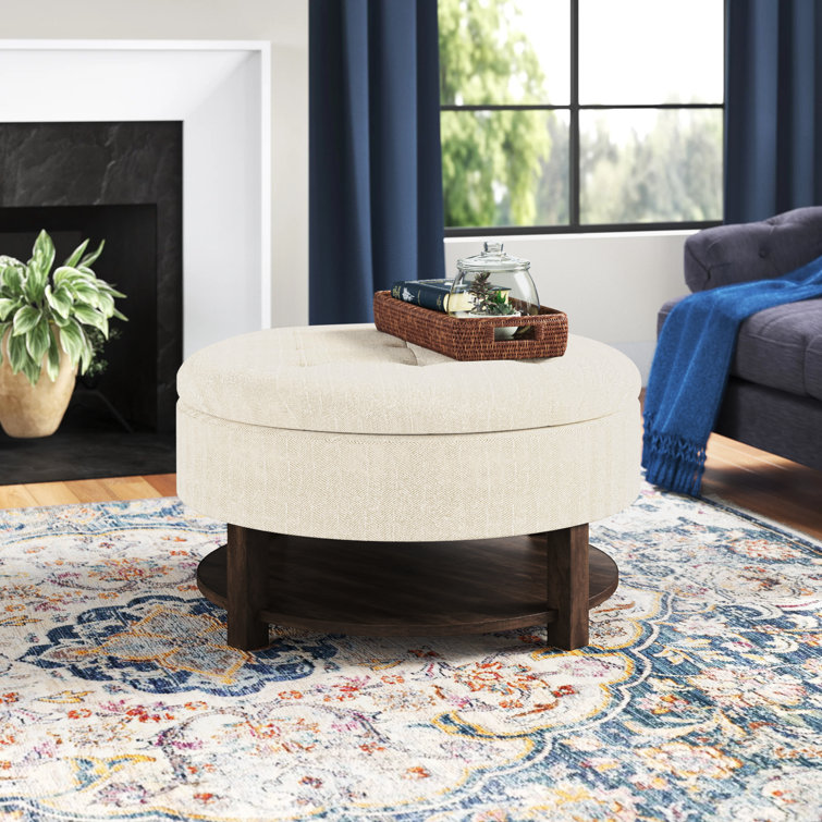 Cream Tufted Round Storage Ottoman with Veneer Shelf