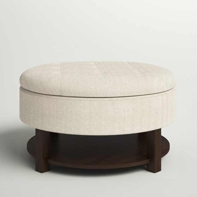 Cream Tufted Round Storage Ottoman with Veneer Shelf