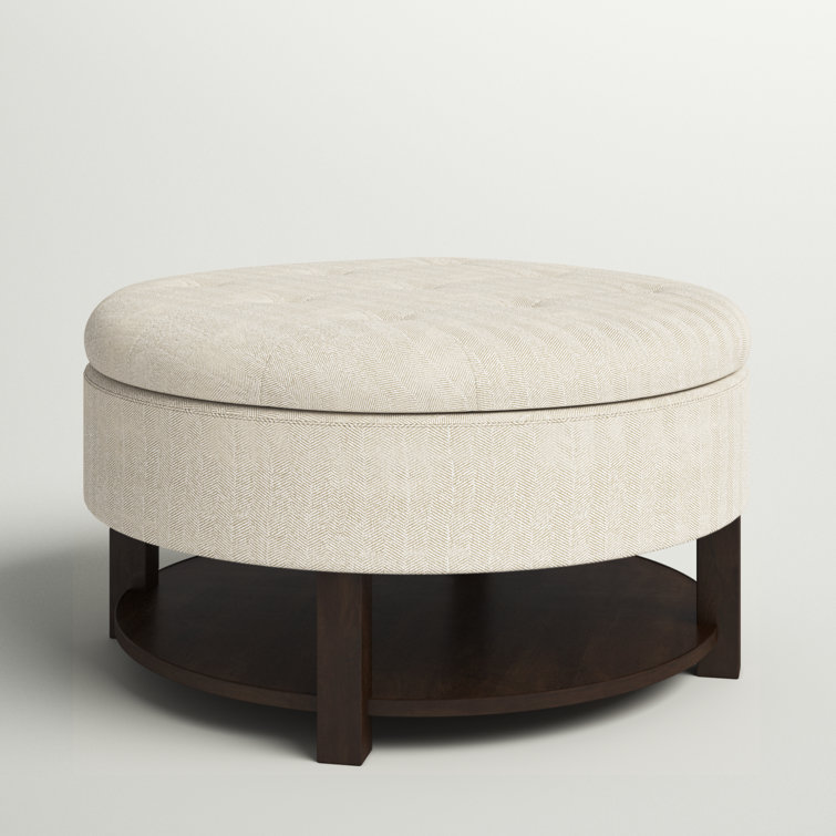 Cream Tufted Round Storage Ottoman with Veneer Shelf