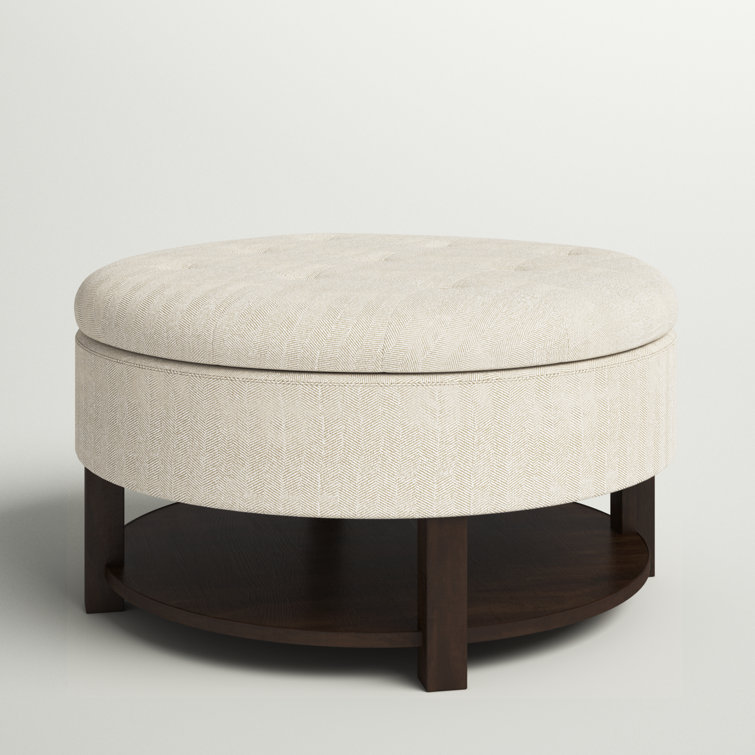 Cream Tufted Round Storage Ottoman with Veneer Shelf