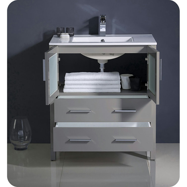 Gray Engineered Wood Freestanding Single Sink Vanity Base with Frosted Glass Doors