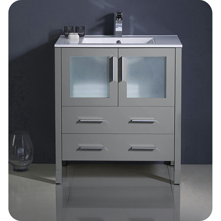 Gray Engineered Wood Freestanding Single Sink Vanity Base with Frosted Glass Doors