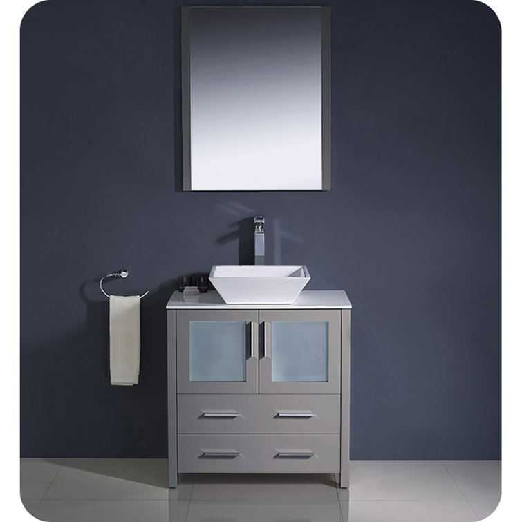 Gray Engineered Wood Freestanding Single Sink Vanity Base with Frosted Glass Doors