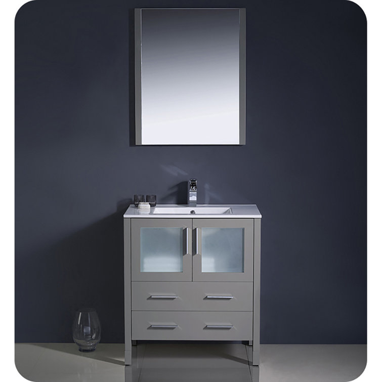 Gray Engineered Wood Freestanding Single Sink Vanity Base with Frosted Glass Doors