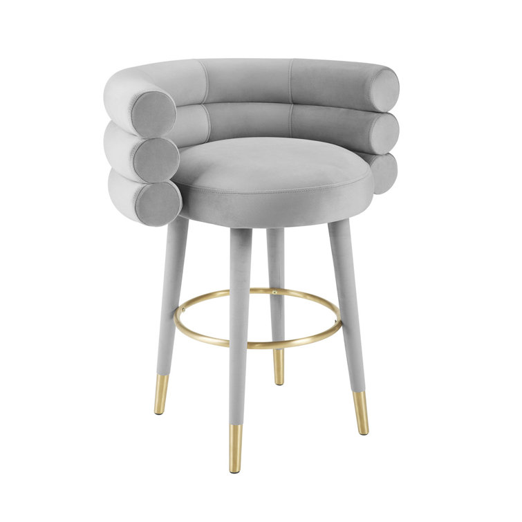 Gray Velvet Counter Stool with Gold Accents
