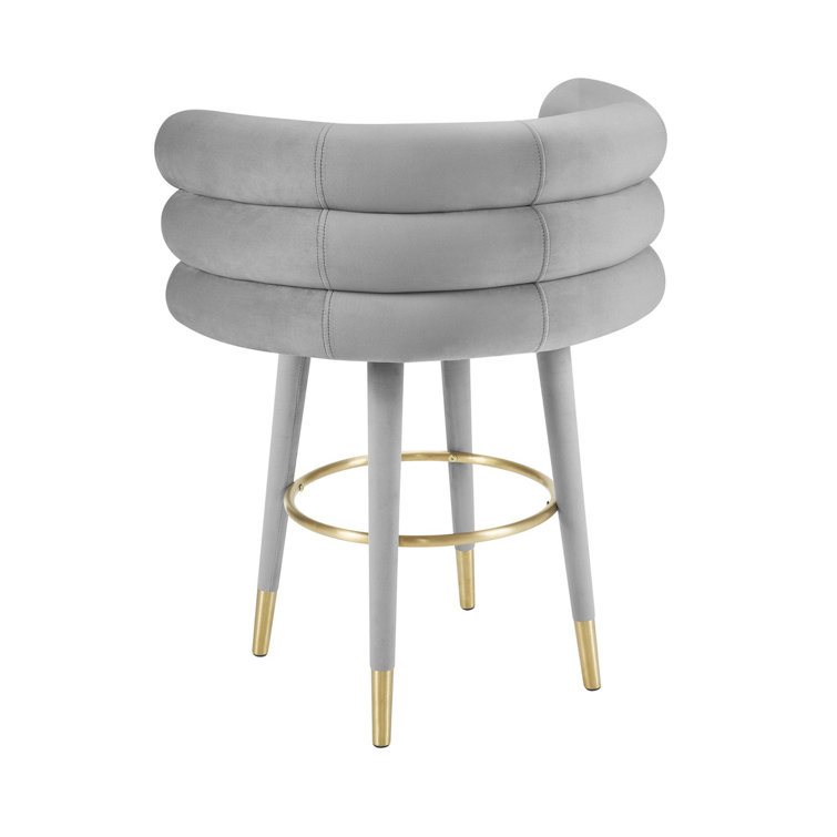 Gray Velvet Counter Stool with Gold Accents