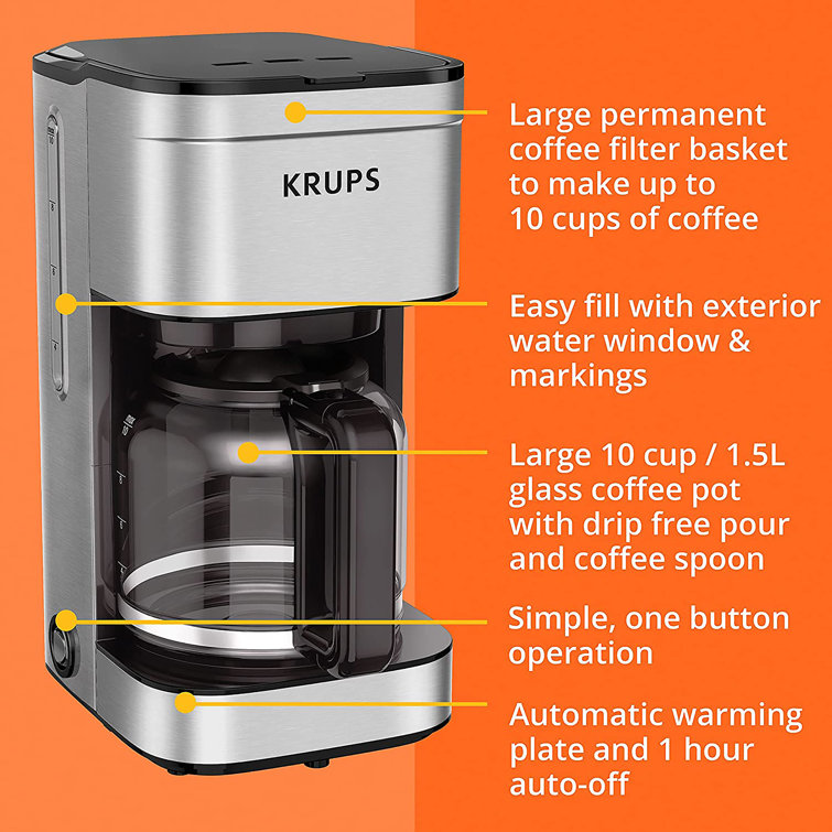 KRUPS 10-Cup Silver and Black Stainless Steel Coffee Maker