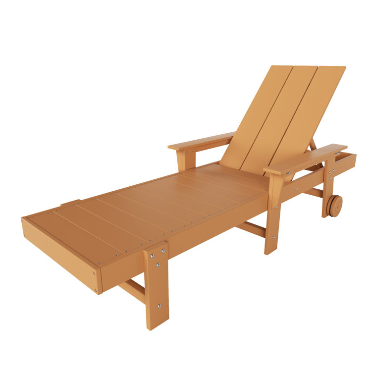 Teak Beige Plastic Outdoor Chaise Lounge Set with Arms and Wheels