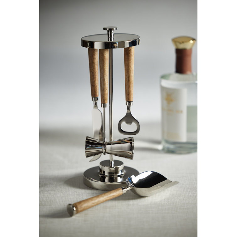 Stainless Steel and Wood Bar Tool Set with Jigger