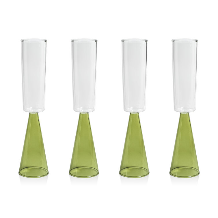 Green and Clear Glass Modern Champagne Flutes, Set of 4