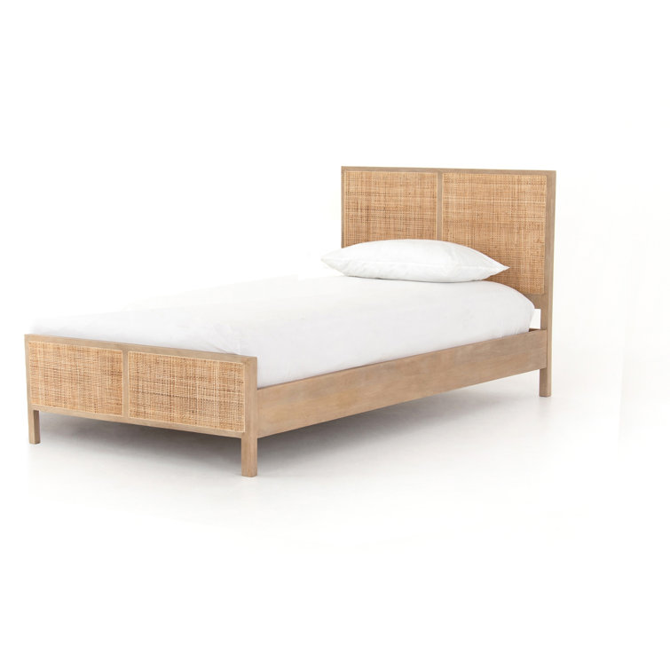 Contemporary Twin Panel Bed with Natural Mango Wood and Cane Accents