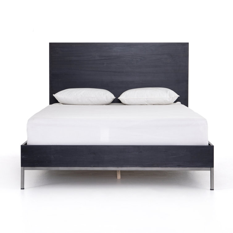Contemporary Black-Wash Poplar King Panel Bed with Metal Frame