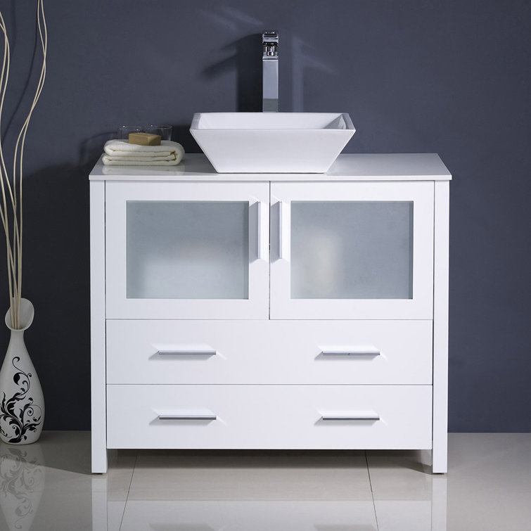 White Ceramic Top Freestanding Modern Bathroom Vanity with Vessel Sink