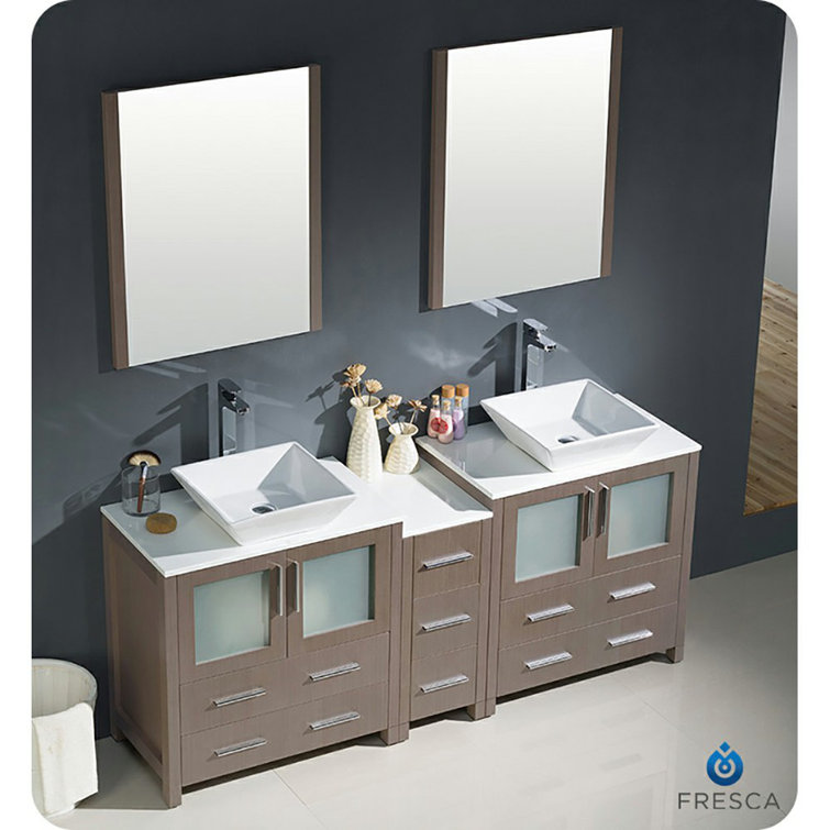 Gray Oak 72" Double Vessel Sink Freestanding Vanity with Man-made Stone Top