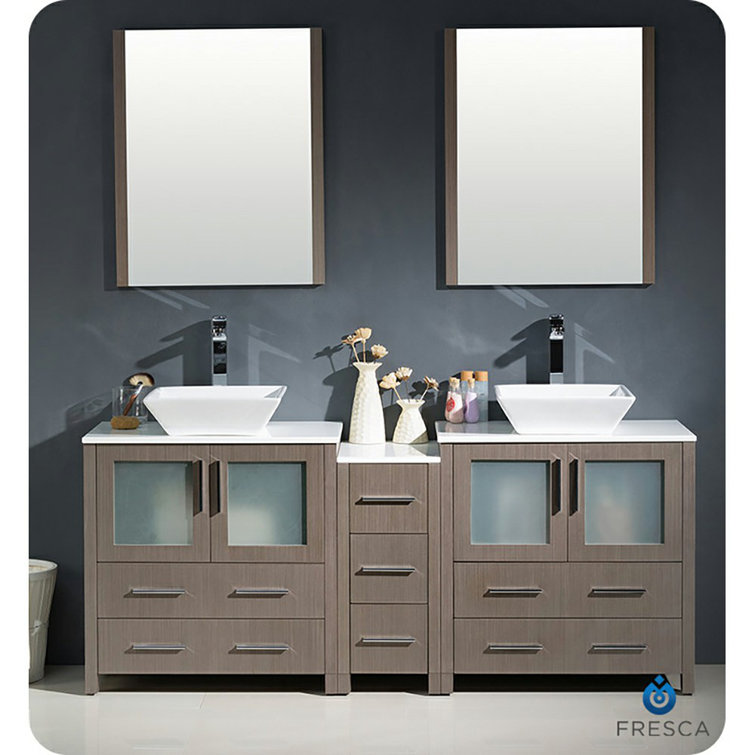 Gray Oak 72" Double Vessel Sink Freestanding Vanity with Man-made Stone Top