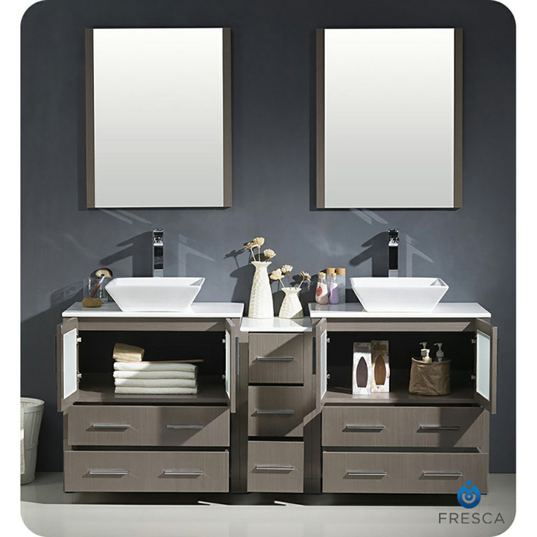 Gray Oak 72" Double Vessel Sink Freestanding Vanity with Man-made Stone Top