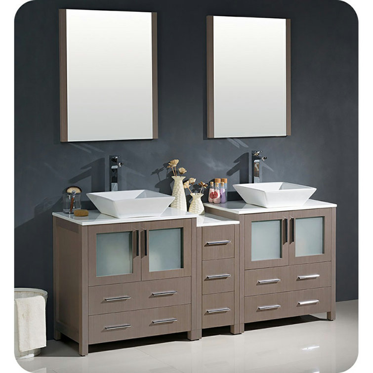 Gray Oak 72" Double Vessel Sink Freestanding Vanity with Man-made Stone Top