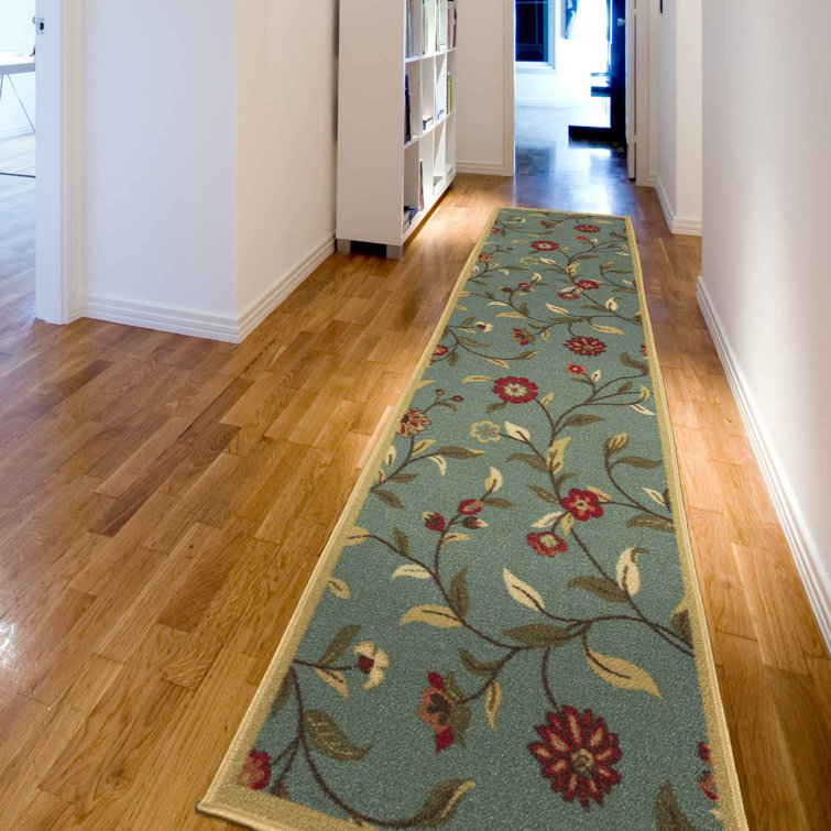 Seafoam Green Floral Non-Slip Hallway Runner Rug