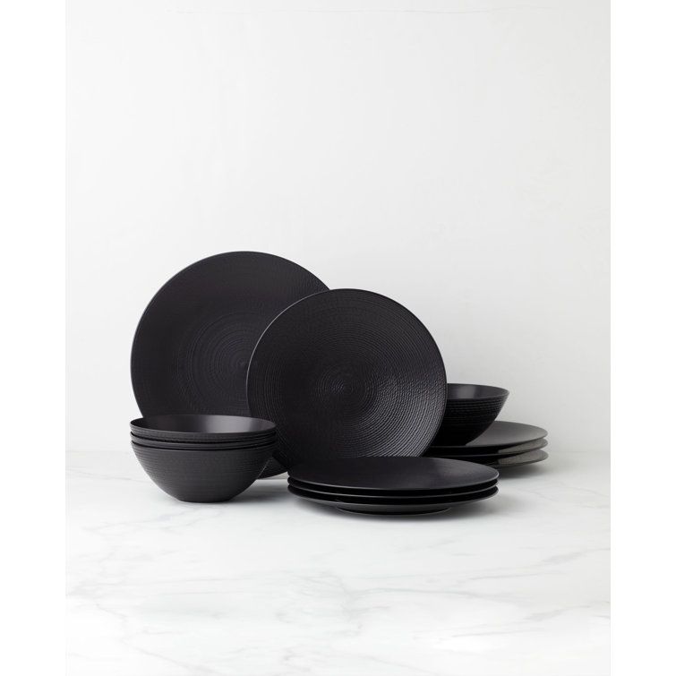 Black Ribbed Porcelain 12-Piece Dinnerware Set