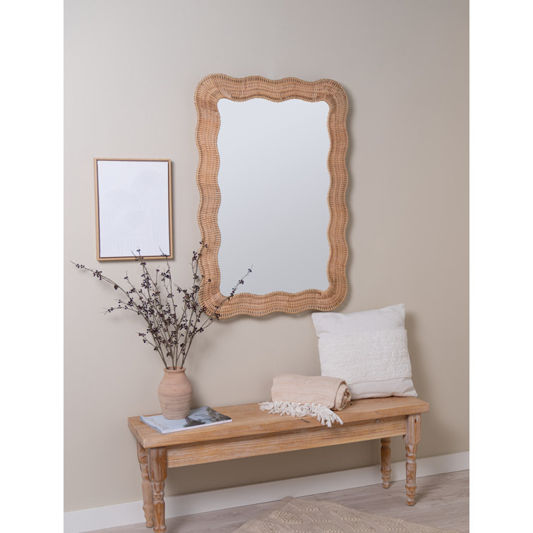 Scalloped Rectangular Rattan Wall Mirror with Glass