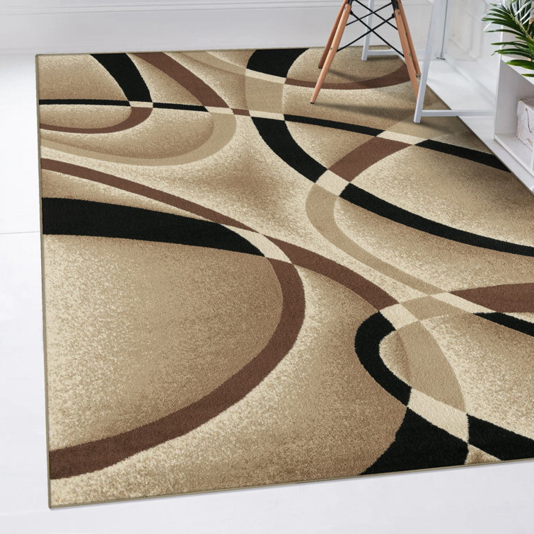 Beige and Black Abstract Geometric Synthetic Runner Rug