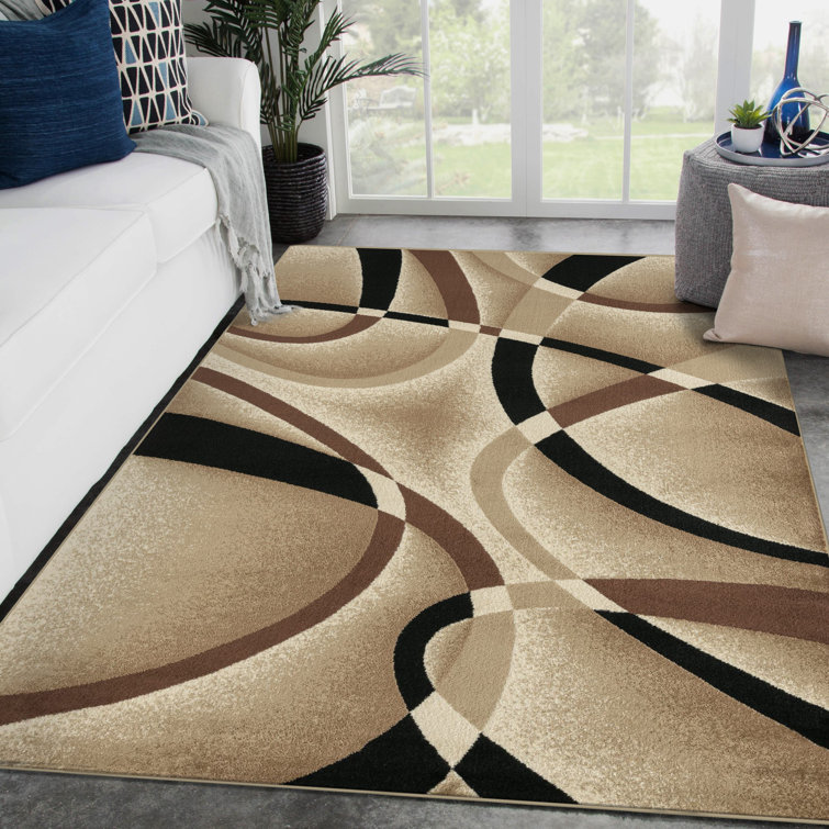 Beige and Black Abstract Geometric Synthetic Runner Rug