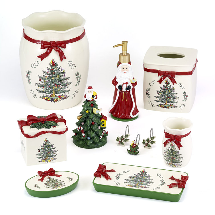 Holiday Christmas Tree and Holly Resin Shower Curtain Hooks Set