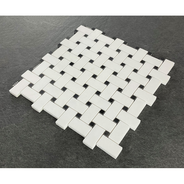 Thassos White and Black Dot Marble Basketweave Mosaic Tile