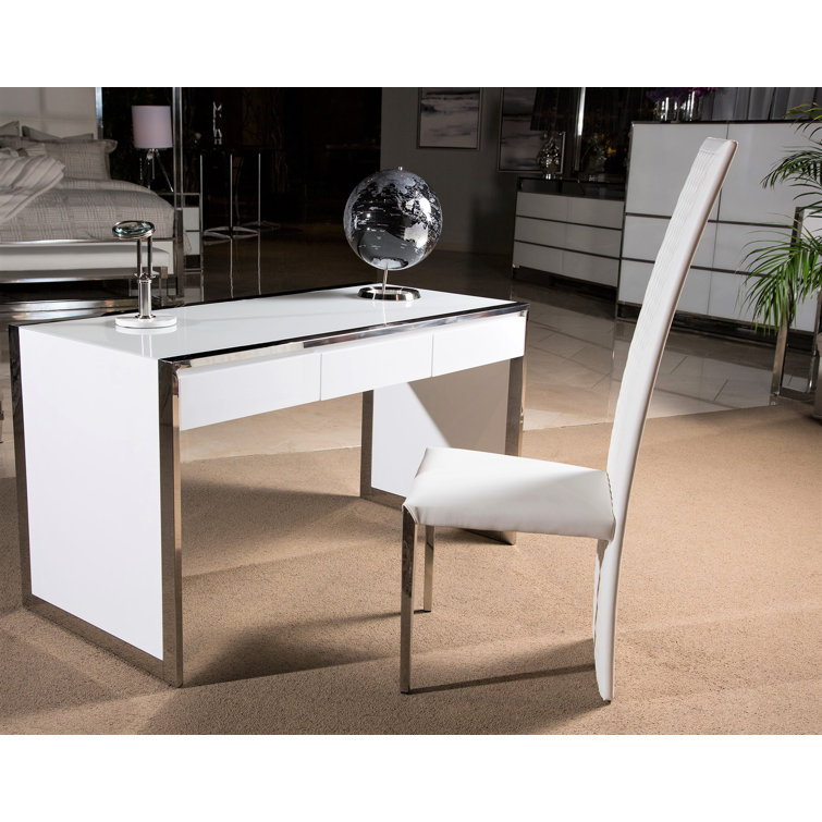 White and Silver Glass Home Office Desk with Drawers