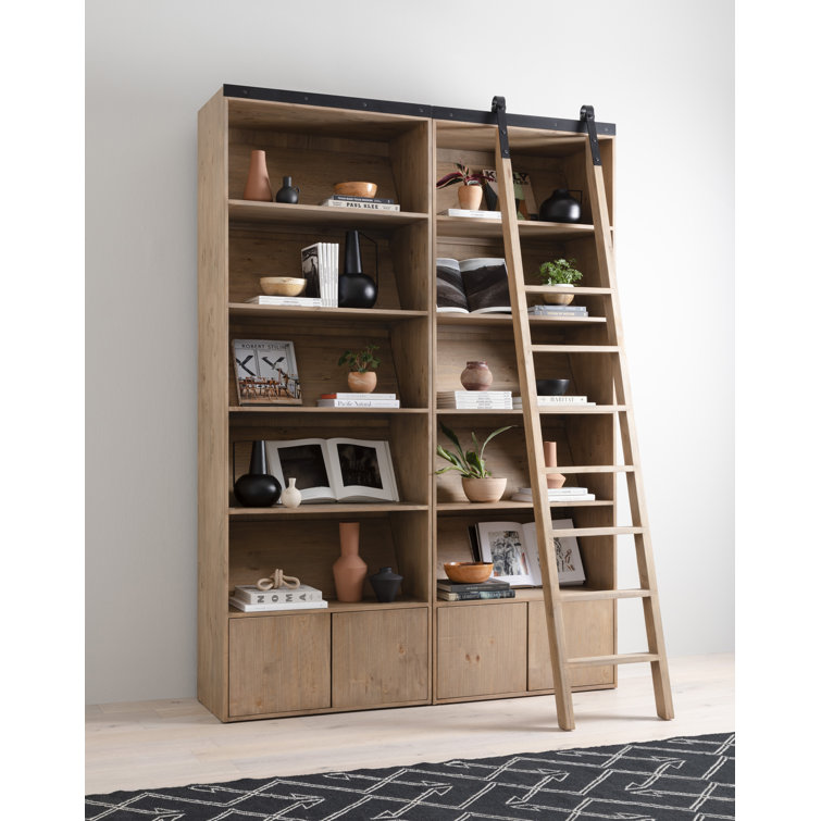 Smoked Pine Solid Wood Standard Bookcase with Ladder