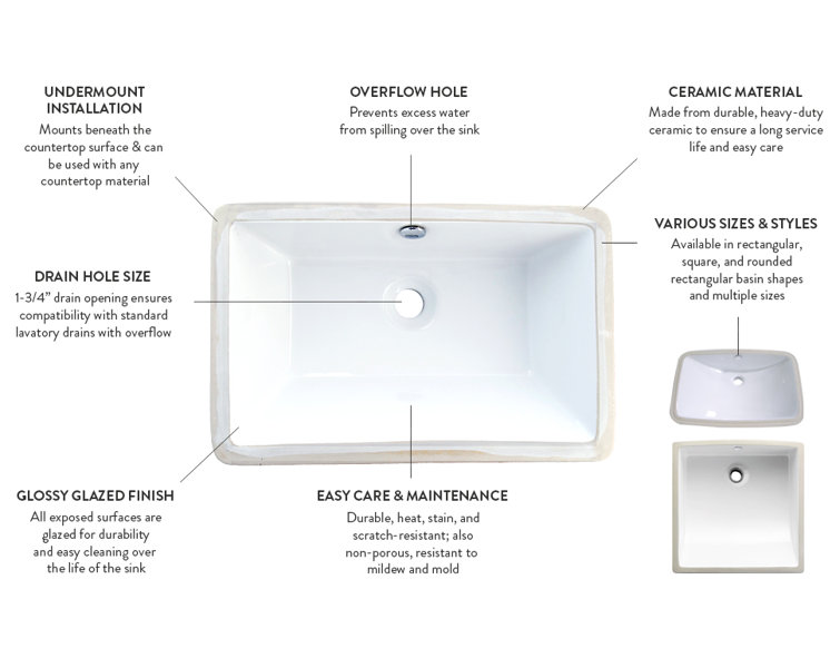 White Ceramic Rectangular Undermount Bathroom Sink
