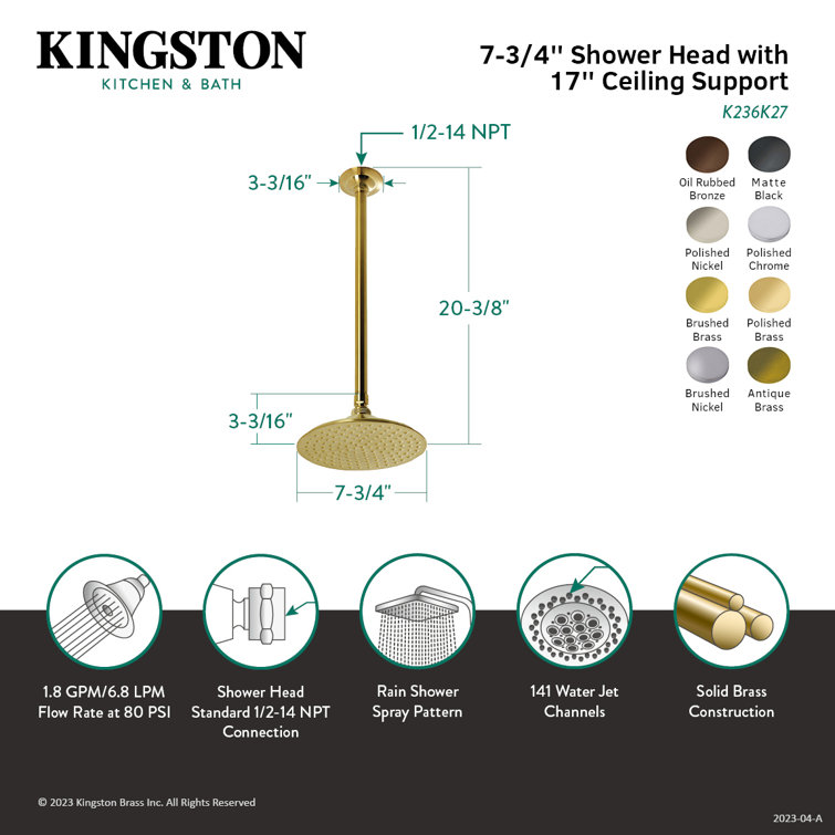 Polished Brass Ceiling Mounted Rain Shower Head with 17-Inch Arm