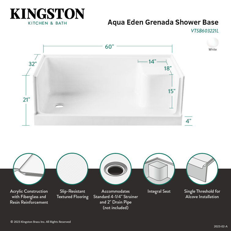 White Acrylic Anti-Skid Shower Base with Integral Seat, 60 x 32