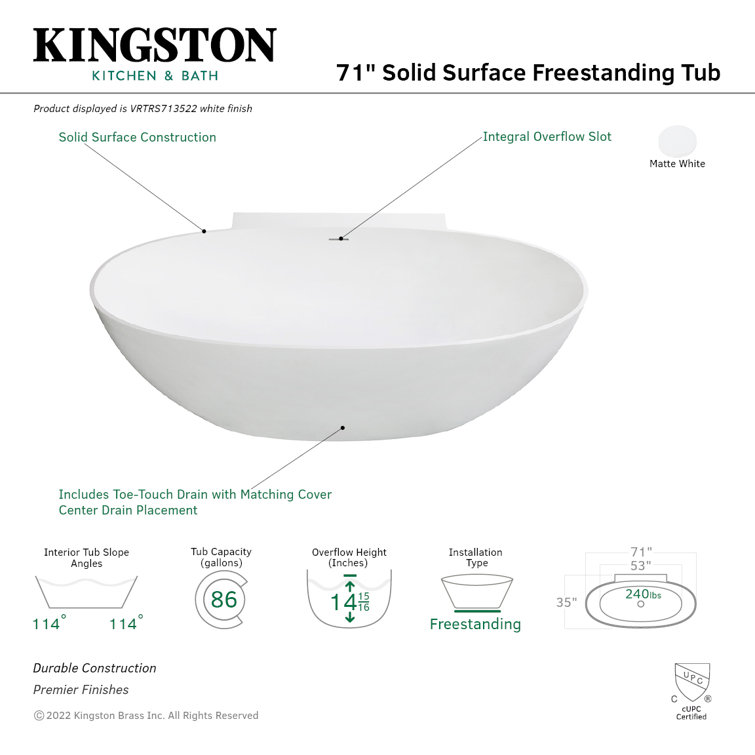Elegant Matte White Solid Surface Freestanding Oval Bathtub