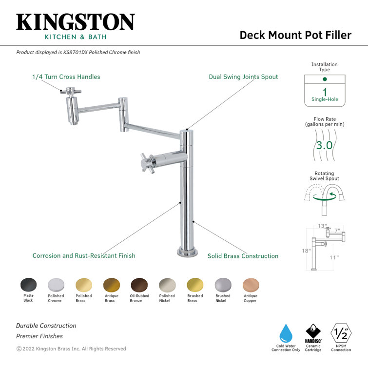 Polished Chrome Dual Handle Deck Mount Pot Filler Faucet