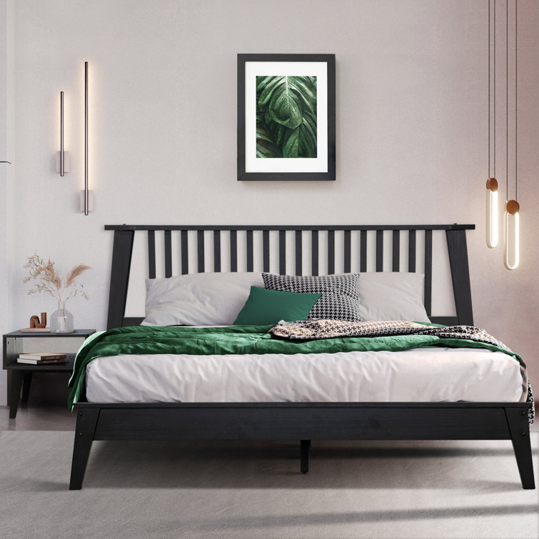 Kaylin Black Solid Wood King Platform Bed Frame with Nightstand